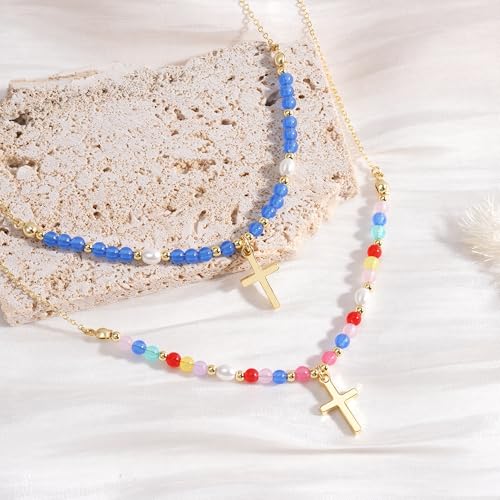 Turandoss Layered Cross Necklaces Stack for Women Girls, Christian Gift - color: Cross-Colorful Beaded