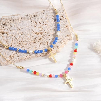 Turandoss Layered Cross Necklaces Stack for Women Girls, Christian Gift - color: Cross-Colorful Beaded
