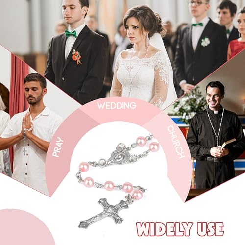 Catholic Rosary for Women with Pearl Beads and Metal Gift Box, Pink Rosary - color: Pink