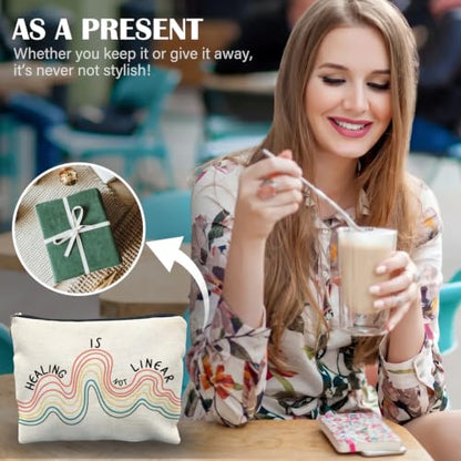 Mental Health Inspirational Makeup Bag, Mental Health Therapist Counselor Worker Gifts, Healing is Not Linear Psychology Cosmetic Bag Canvas Toiletry Zipper Pouch for Women - color: HEALING