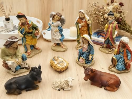 11-Piece Nativity Set - Hand-Painted Resin Holy Family Figurines, Complete Christmas Nativity Scene with Angel, 3 Kings, Shepherds & Animals for Home Decor & Gifts