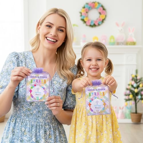 BeYumi Bunny Bracelet Craft Kit - 24Pcs Pack Christian Bunny and Cross Beads Bracelets with Jesus is Risen Gift Cards DIY Religious Faith Peeps Craft Kit Party School Classroom Fun Activities Kids - style: Easter Bunny