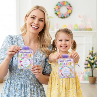 BeYumi Bunny Bracelet Craft Kit - 24Pcs Pack Christian Bunny and Cross Beads Bracelets with Jesus is Risen Gift Cards DIY Religious Faith Peeps Craft Kit Party School Classroom Fun Activities Kids - style: Easter Bunny