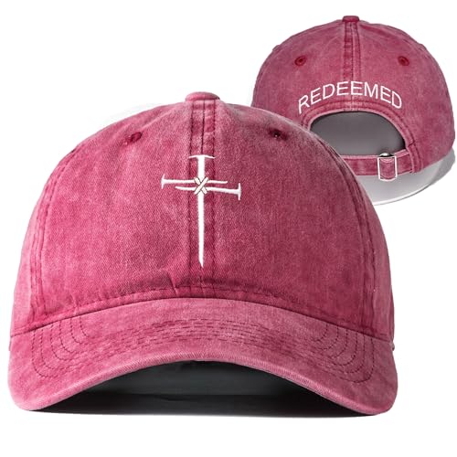 Christian Redeemed Cross Nails Hats for Men Women, Vintage Adjustable Cotton Embroidered Front & Back Baseball Cap - color: Christian-red