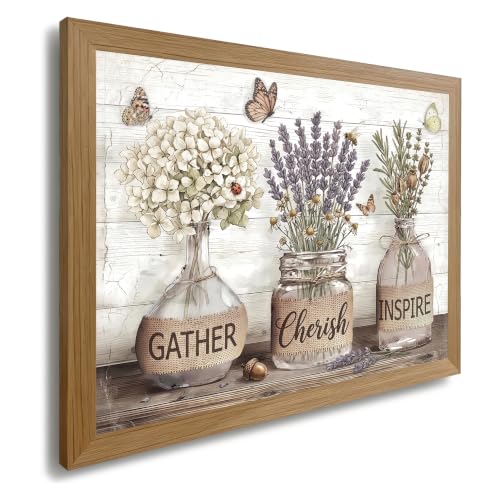 Gather Cherish Inspire Wall Art, Rustic Glass Vase with Hydrangea and Lavender, Butterfly Nature Print, Cottagecore Living Room Decor, Wood Grain Solid Pine Frame, No Drill Adhesive Strips Included - color: Gather Cherish Inspire Dried Vase Print, size: 1