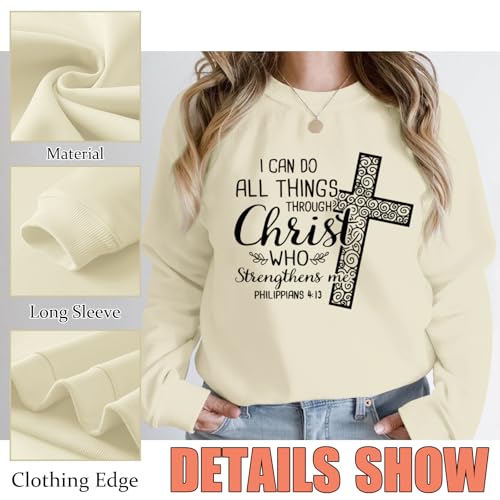 KEEVICI Christian Jesus Sweatshirts For Women Religious Bible Verse Cross Sweatshirt God Hoodie Faith Long Sleeve Shirts - color: Apricot, size: Small