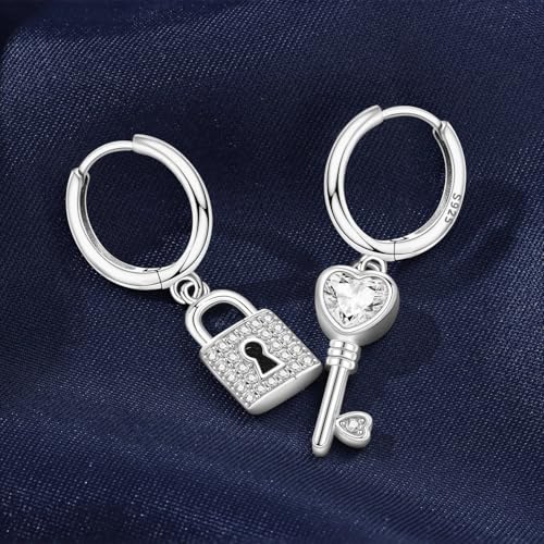 925 Sterling Silver Hoop Earrings Drop Dangle Earrings for Women Hypoallergenic Earring Trendy Huggie Earring Cute Graduation Birthday Gifts Jewelry for Women - color: Key lock earrings