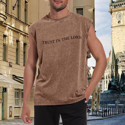 Mens Christian Tank Tops Trust in The Lord God Jesus Religious Faith Bible Verse Shirts Graphic Acid Wash Gym Tees - color: Coffee, size: Medium