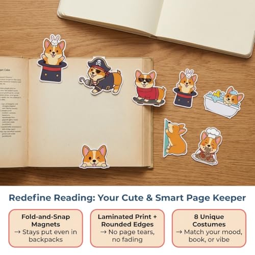 Corgi Peeking Magnetic Bookmarks Set of 8, Cute Dog Bookmark Clips with Funny Costume Designs, Magnetic Book Marks for Books, Planner & Journals, Gifts for Dog Lovers Women, Corgi Gifts - style: Corgi Peeking Magnetic Bookmarks