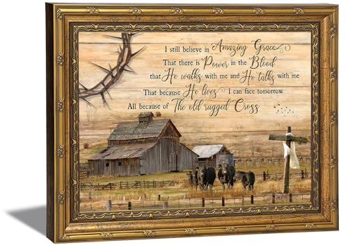 Vintage Gold Framed Modern Farmhouse Canvas Wall Art - Cows Painting Amazing Grace Power in the Blood Hymn Quotes Wall Decor, Scripture Picture Rustic Barn Scenery Christian Home Bedroom, 9x11in - color: barn, size: 11"L x 9"W