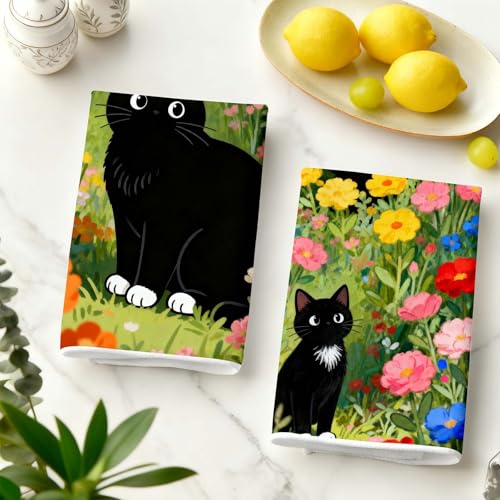 4pcs Cute Cat Kitchen Towels, 16x24 Inches Black Cat Flower Dish Towels - color: Colorful Cat Floral-02