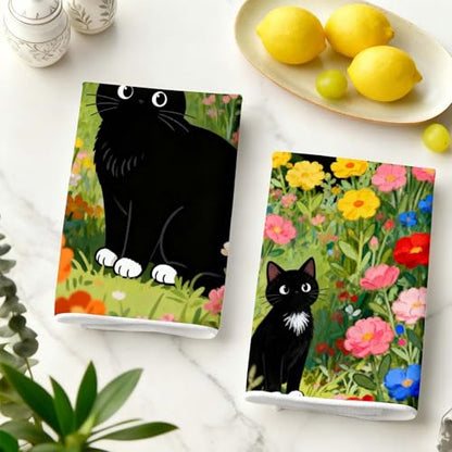 4pcs Cute Cat Kitchen Towels, 16x24 Inches Black Cat Flower Dish Towels - color: Colorful Cat Floral-02