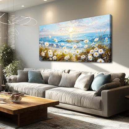 Large Coastal Wildflower Wall Art,Daisy Botanical Canvas Prints 20x40 Inch - color: Flowers Sea Painting, size: 40"L x 20"W