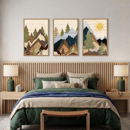 Ausri Boho Mountain Pine Tree Framed Canvas Wall Art Set -16"x24"x3 - color: Boho Mountain Wall Art, size: 16"L x 24"W