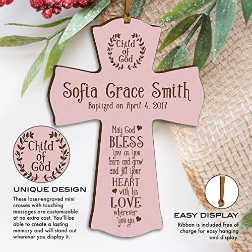 LifeSong Milestones Personalized Baptism Wall Cross - Engraved Pink Wood Christian Cross with Name & Date, Child of God Blessing, Christening & First Communion Gift (Pink, 4.5" x 6") - color: Pink, size: 6"L x 4.5"W