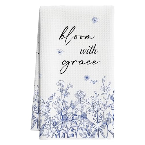 Wildflower Tea Towels For Kitchen, Bloom With Grace Blue Floral Towel, 05 - color: Blue