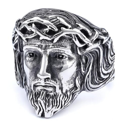 Vintage Silver Jesus Head Signet Stainless Steel Ring For Women Men Religious Amulet Baptism Band Antique Thumb Knuckle Ring Hip Hop Biker Baptism Christian Catholic Costume Jewelry Gifts Accessories