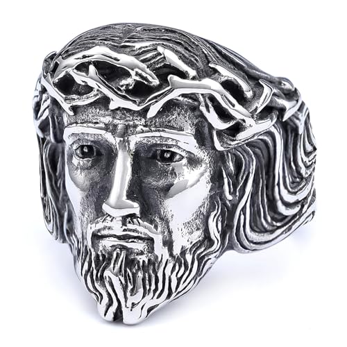 Vintage Silver Jesus Head Signet Stainless Steel Ring For Women Men Religious Amulet Baptism Band Antique Thumb Knuckle Ring Hip Hop Biker Baptism Christian Catholic Costume Jewelry Gifts Accessories
