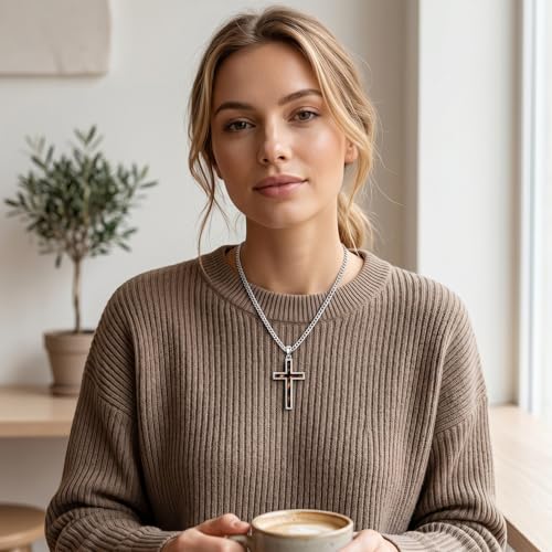 MRENITE Silver Natural Stone Cross Necklace, Classic Latin Cross Pendant Necklace for Unisex Women Man, Vintage Crystal Quartz Cross Necklace with 20+2 Inches Adjustable Cuban Chain - style: Tiger Eye