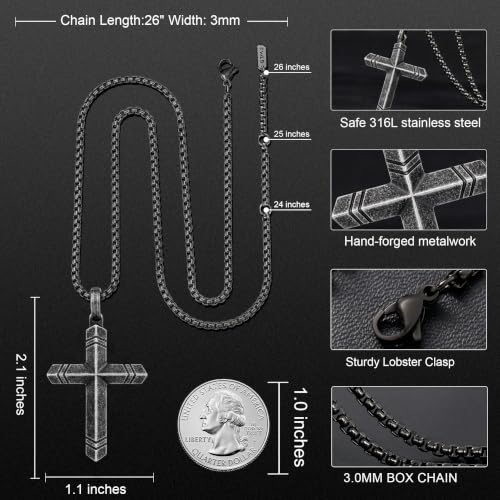 Stainless Steel Cross Necklace for Men with Adjustable Box Chain Christian Cross neckalce Gift - color: Grey-Black
