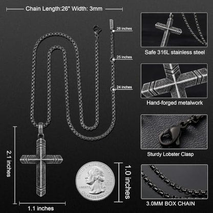 Stainless Steel Cross Necklace for Men with Adjustable Box Chain Christian Cross neckalce Gift - color: Grey-Black