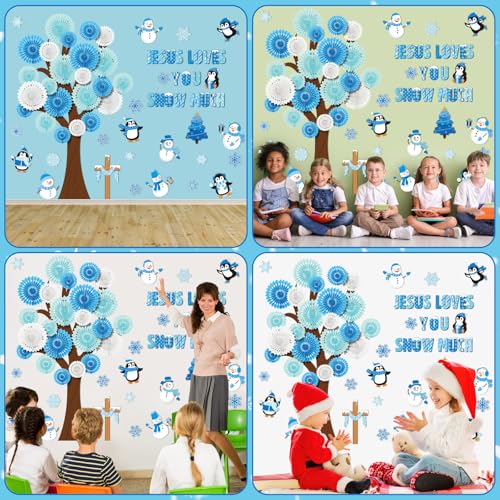 Gersoniel 79 Pcs Winter Bulletin Board Decorations Jesus Loves You Snow Much Classroom Decor 3D DIY Christmas Tree Paper Fans Snowman Snowflake Penguins Cutouts for Winter Xmas Home School Wall Decor - style: Winter