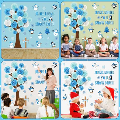 Gersoniel 79 Pcs Winter Bulletin Board Decorations Jesus Loves You Snow Much Classroom Decor 3D DIY Christmas Tree Paper Fans Snowman Snowflake Penguins Cutouts for Winter Xmas Home School Wall Decor - style: Winter