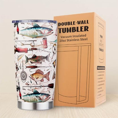 Fishing Gifts for Men, Fishermen - Fish Travel Coffee Mug Cup, Birthday Valentines Fathers Day Christmas Gift for Dad, Husband, Son, Boys, Grandpa, Uncle, Boss - 20oz Stainless Steel Insulated Tumbler - color: Fishing