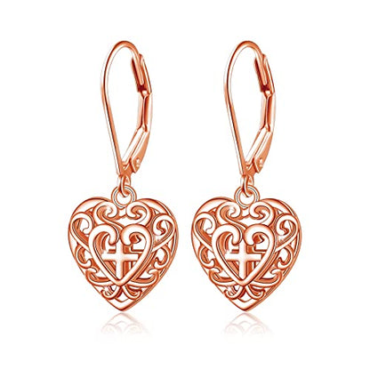 S925 Sterling Silver Heart Dangle Drop Earrings for Women Jewelry Gift - style: Heart Cross Rose