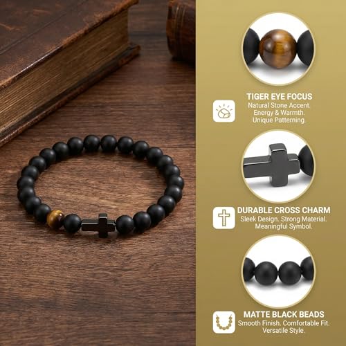 Men’s Cross Bracelet with Elastic Rope,Natural Stone Beaded Bracelet with Stainless Steel Cross,Black Agate & Tiger Eye, Religious Fashion Jewelry for Men/teen - color: Joshua 1:9, size: 8