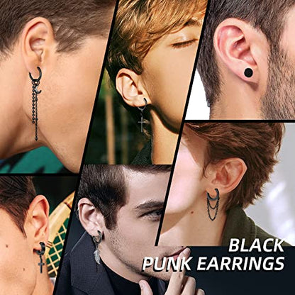 20 Pieces Men Earrings Set - Black Stainless Steel Chain Hoop Earrings Cross Moon and Star Dangle Earrings Piercing Jewelry for Men Women - color: Black
