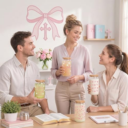 Glass Cups with Lids and Straws, 4Pack, 16oz, Pink Bow Pink - color: Christian Pink Ribbon