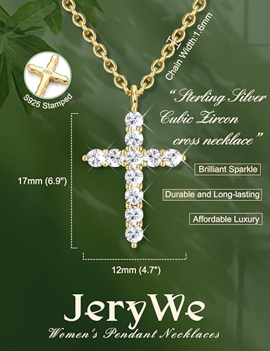 JeryWe 925 Sterling Silver Cross Necklace for Women Dainty Gold/White Gold Plated Necklace for Women Non Tarnish Cubic Zircon Cross Pendant Necklaces Christian Baptism Religious Faith Jewelry Gift - color: 14K Gold Plated