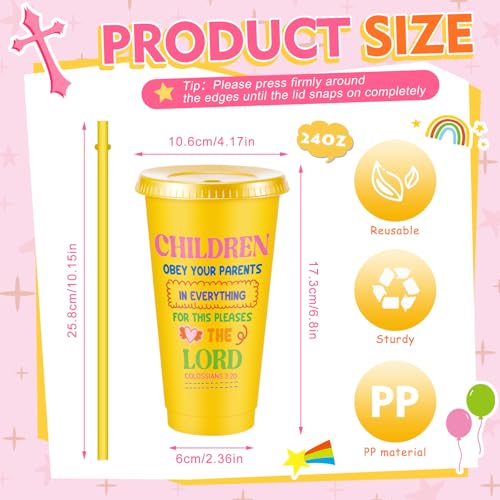 Uiifan 50 Christian Kids Cups with Lids Straws, Back to School, Pastel - color: Pastel