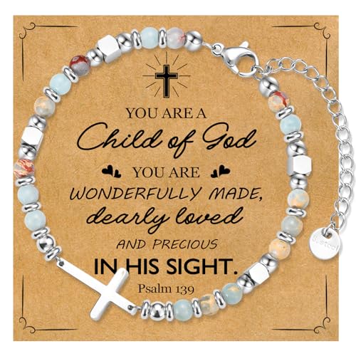 Christian Cross Bracelet for Women Girls, Adjustable Stainless Steel Beaded Cross Bracelets, First Communion Confirmation Easter Religious Bapstim Natural Gemstone Jesus Bracelet Gifts for Her - style: Child of God
