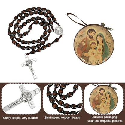 Wooden Catholic Rosary Beads, Rosarios Catolicos with Decorative Prayer Box - color: Brown (12)