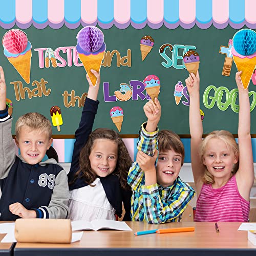 CY2SIDE 73PCS Ice Cream Taste and See that the Lord is Good Christian Cut-Outs for Classroom Bulletin Board Jesus Summer Ice Cream Honeycomb Cut-Out Faith Religious Back to School Sunday Trim Border - style: Summer Ice Cream