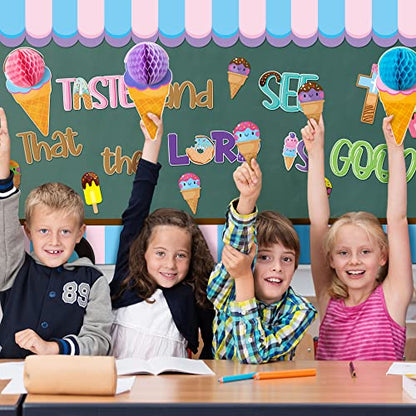CY2SIDE 73PCS Ice Cream Taste and See that the Lord is Good Christian Cut-Outs for Classroom Bulletin Board Jesus Summer Ice Cream Honeycomb Cut-Out Faith Religious Back to School Sunday Trim Border - style: Summer Ice Cream
