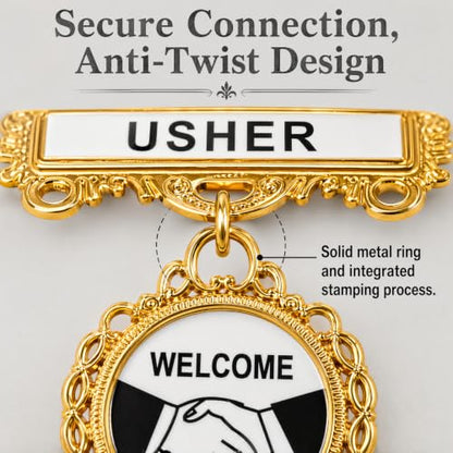 12 Pcs Usher Badges for Church with Pin on Back Gold Tone Fancy Round