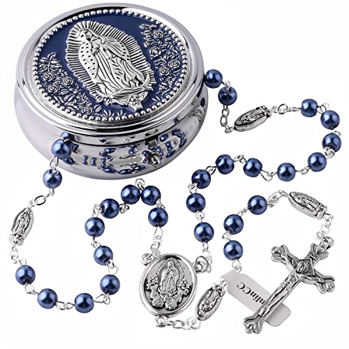 HanlinCC Guadalupe Catholic Rosary Glass Pearl Beads Necklace with Gift Box - color: Guadalupe Rosary Blue