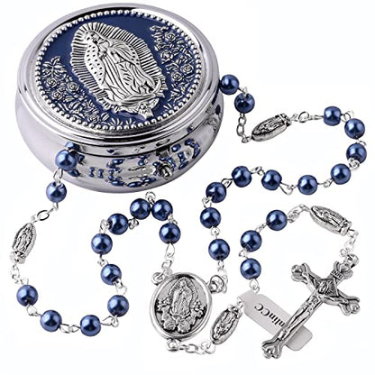 HanlinCC Guadalupe Catholic Rosary Glass Pearl Beads Necklace with Gift Box - color: Guadalupe Rosary Blue
