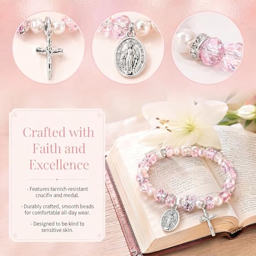 Women Stretch Rosary Bracelet Beaded Crucifix & Miraculous Medal - color: HOLY2