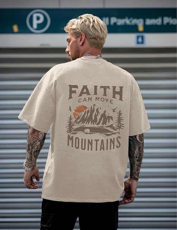 Men's Graphic Shirt Faith Can Move Mountains Shirt Oversized Camping Hiking Tees Acid Wash Casual T-Shirt - color: A Apricot, size: 3X-Large