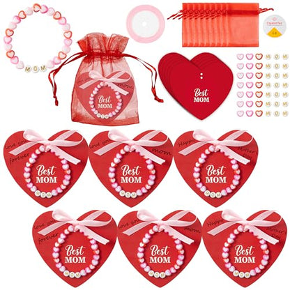 BeYumi Mom Bracelet Craft Kit - 24 Pack Mother's Day Mom Letter Heart Beads Bracelets with Heart Gift Cards and Bags DIY Thankful Craft Kit to Mothers School Classroom Party Fun Activities Ages 6-12 - style: MOM