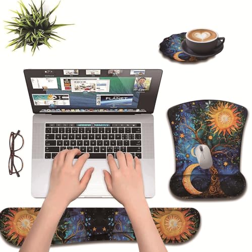 3 in 1 Keyboard Wrist Rest + Mouse Pad and Coaster, Ergonomic Gel Mouse Pad and Keyboard Pad Set, Comfortable Lightweight for Easy Typing Pain Relie, Sun Moon Stars - color: Sun Moon Stars