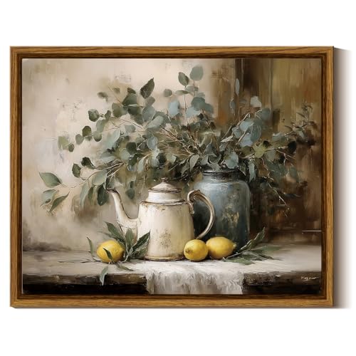 InSimSea Framed Canvas Wall Art, Teapot and Lemons Still Life Art, 10x8 In - color: Lemon Eucalyptus Leaves