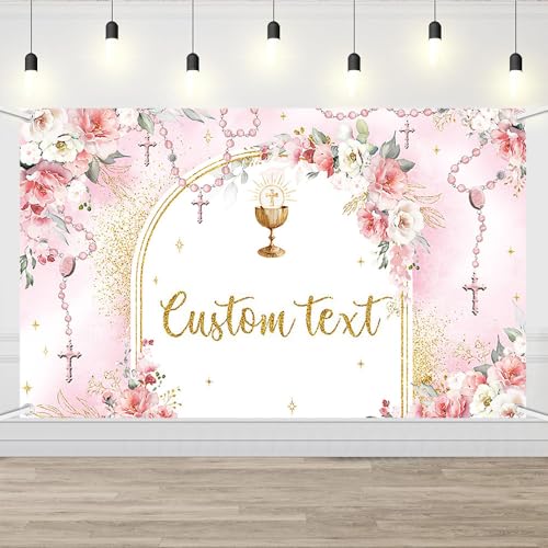 AIBIIN First Holy Communion Custom Backdrop for Girl Mi Primera Comunión Party Personalized Decorations Pink and Elegant Floral Party Banner Dove Bible God Bless Party Photo Props 6x3.6ft - color: Pink Custom, size: 6x3.6ft