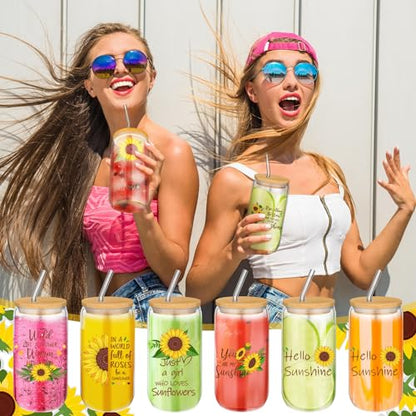 Maxcheck 6 Set 16 oz Sunflower Glass Cups with Bamboo Lids and Straws - style: Sunflower