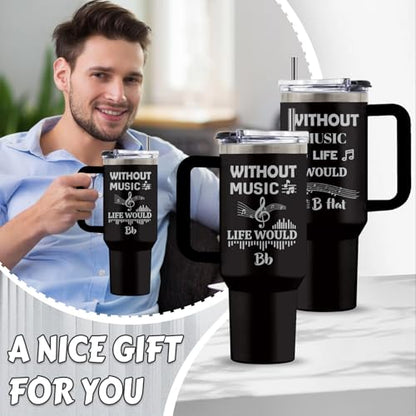 Music 40oz Tumbler, with Handle Straw, Stainless Steel Coffee Cup - color: Music Laser