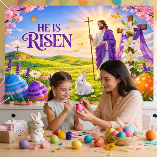 IVN He Is Risen Easter Banner 71x43 Inch Christian Jesus Cross Lilies Eggs - color: He Is Risen Jesus Cross Religious Easter